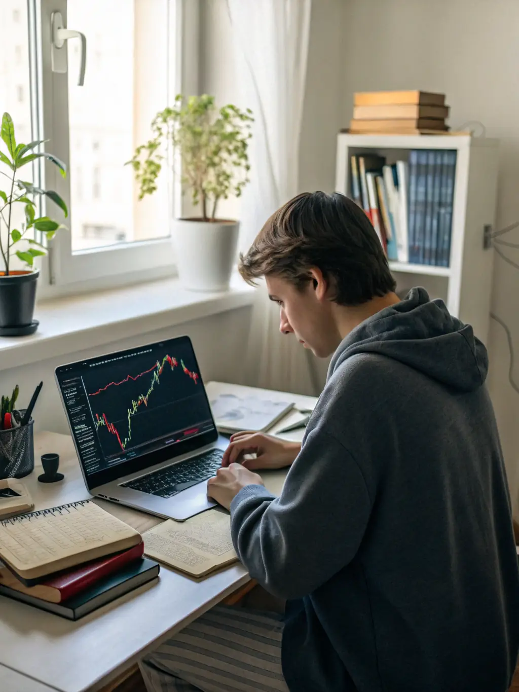 An image of a person learning from a screen displaying blockchain and real estate investment concepts, emphasizing the importance of education before investing.